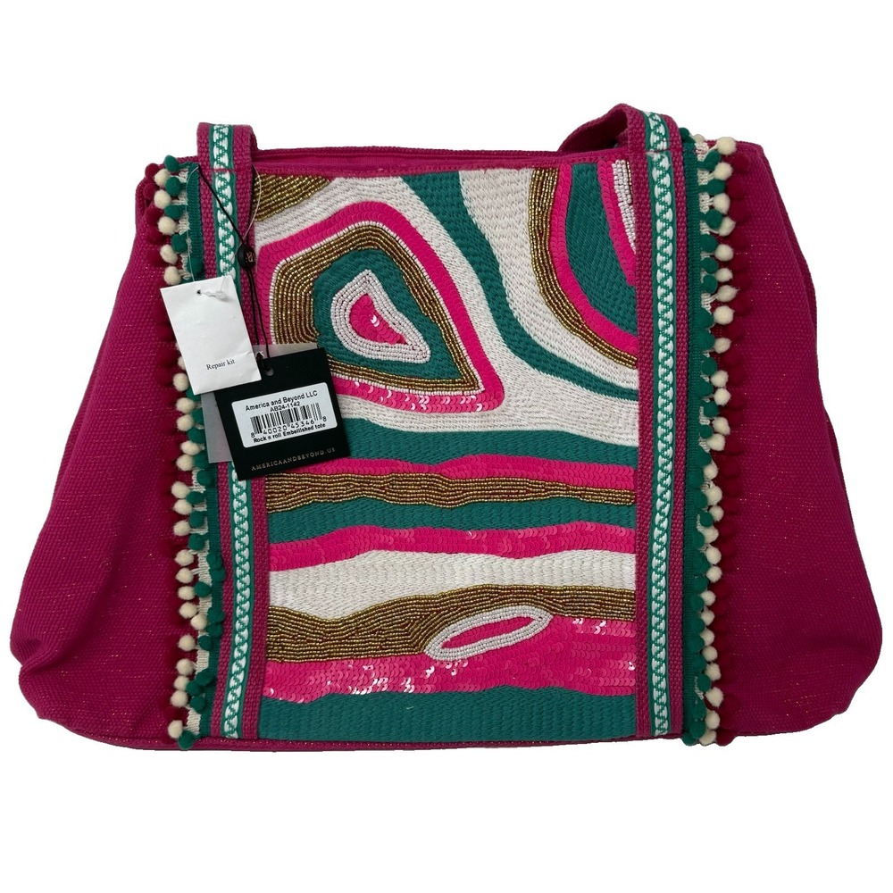 America & Beyond Beaded Sequin Canvas Tote Bag Rock & Roll Embellished Pink NWT